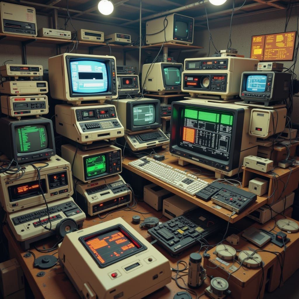 Retro Computer Junkyard with Obsolete Monitors