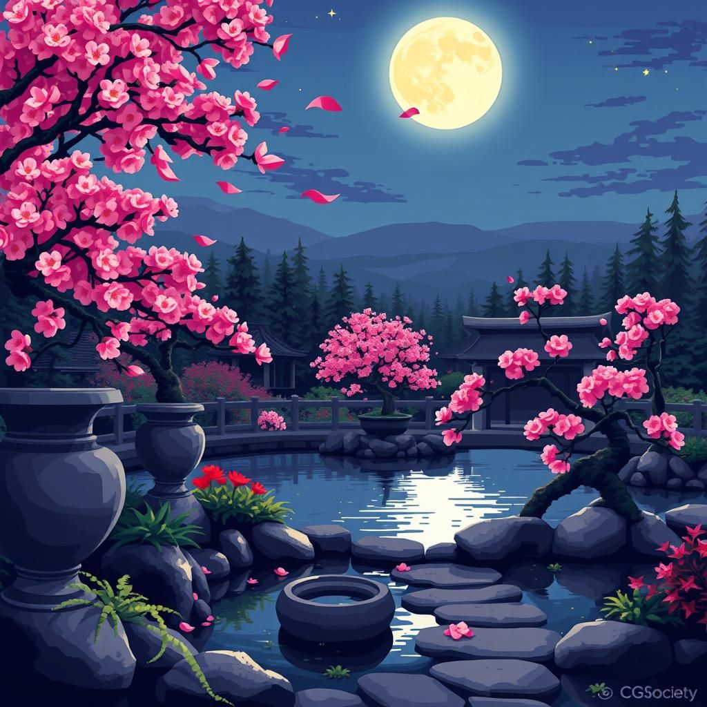 Pixel Art Zen Garden with Sakura Moon