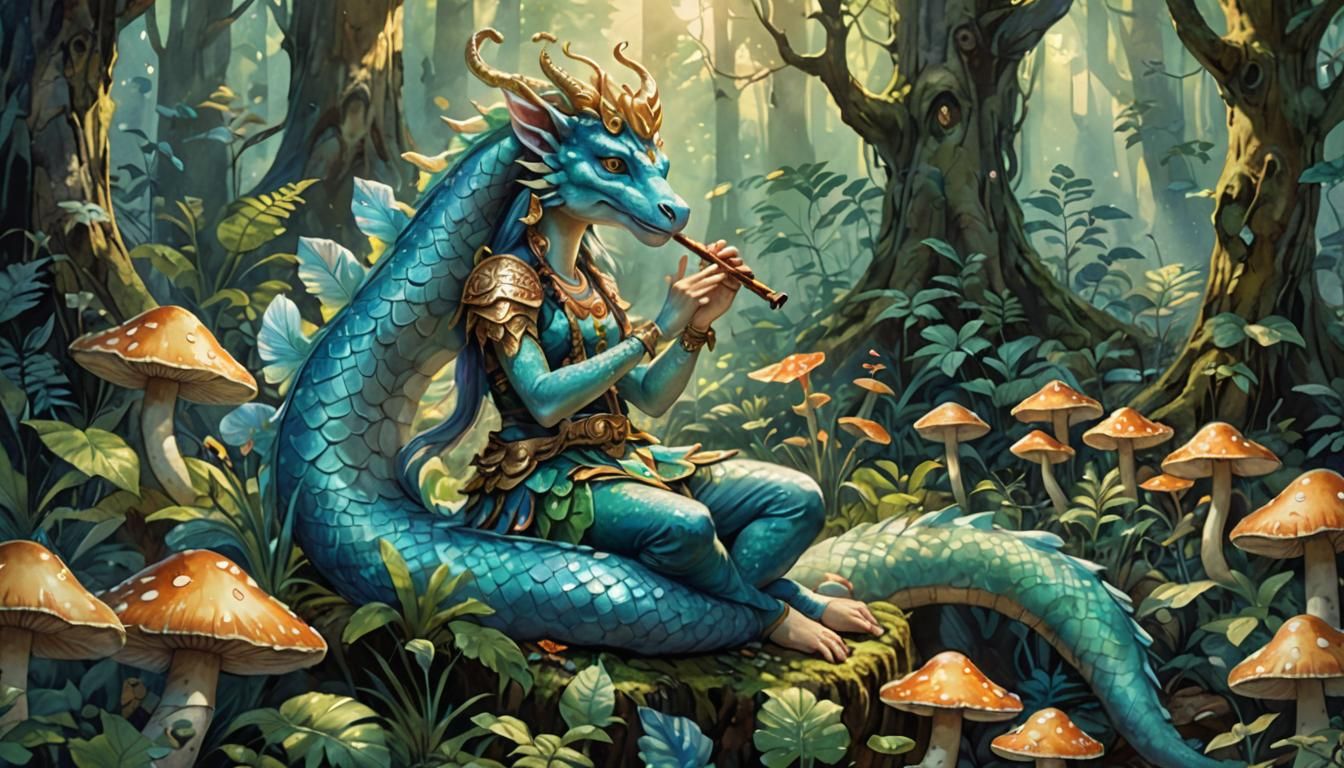 Naga Flute Player in Whimsical Forest, Watercolor Art