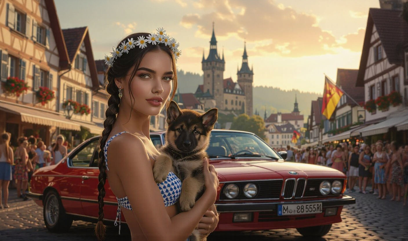Woman with Edelweiss Crown, German Shepherd, and BMW