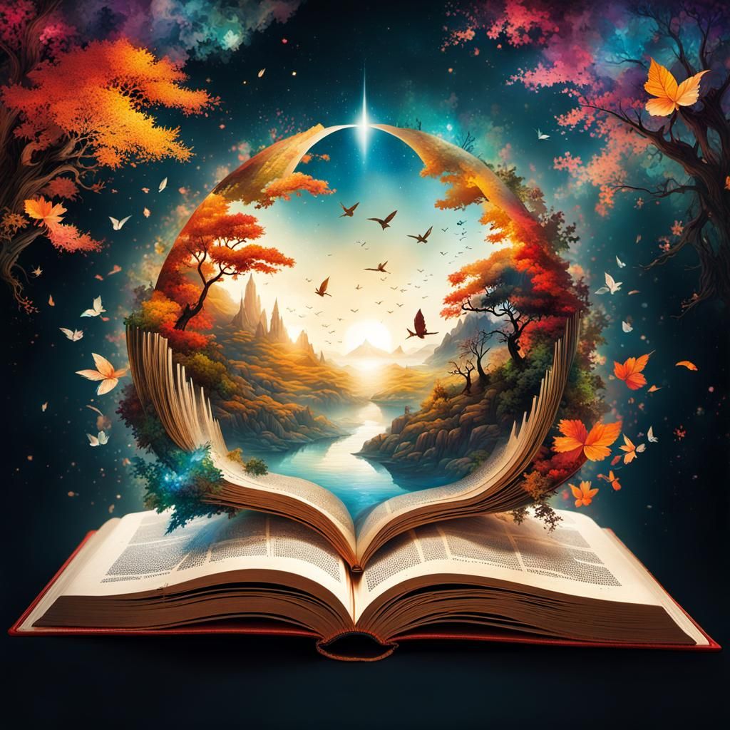 Fantasy World Emerges from Book, Intricate Digital Art