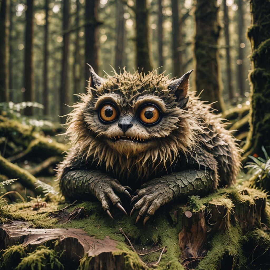 Furry Cryptid Portrait in Forest, Wildlife Photography