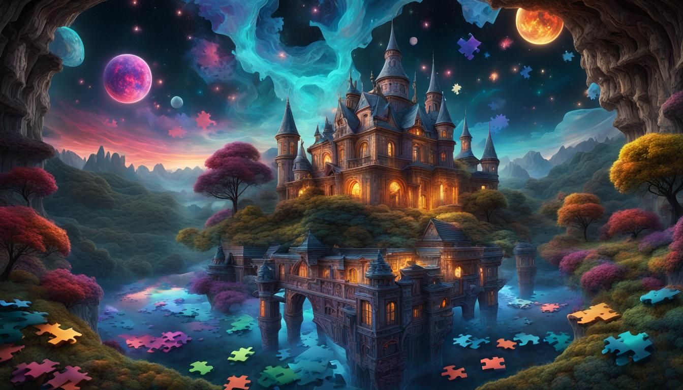 Surreal Puzzle Palace Illusion in Ethereal Landscape