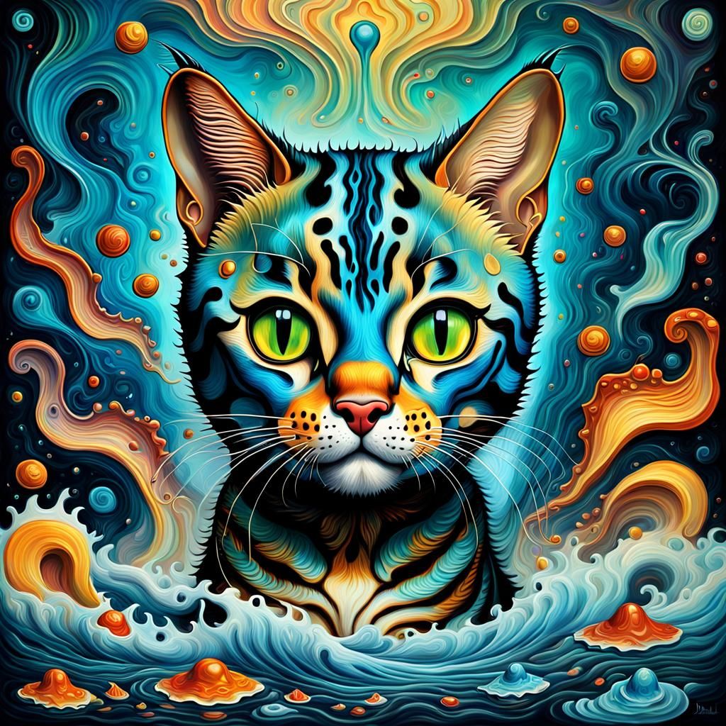 Surreal Bengal Cat Painting in Mixed Media Style