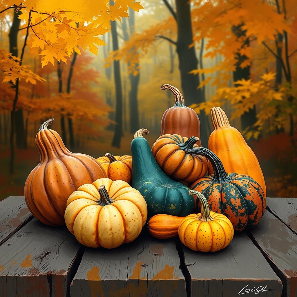 Ornate Gourds in Autumnal Landscape, Abstract Impressionism
