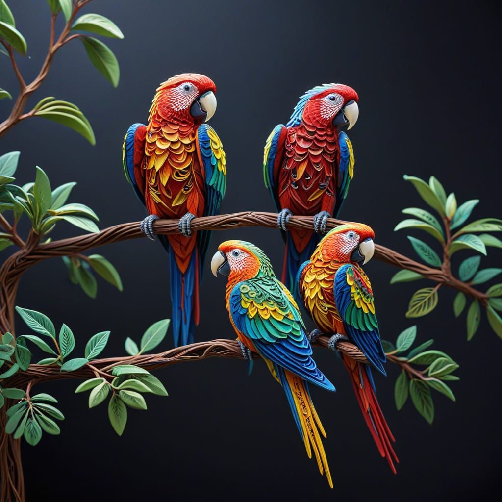 Colorful Paper Quilled Parrots on Branch