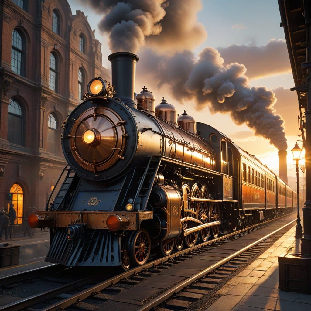 Steampunk Train in Industrial Landscape