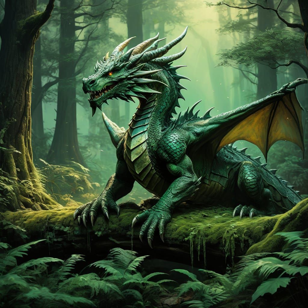 Majestic Dragon in Emerald Forest, Oil Painting in Classic F...