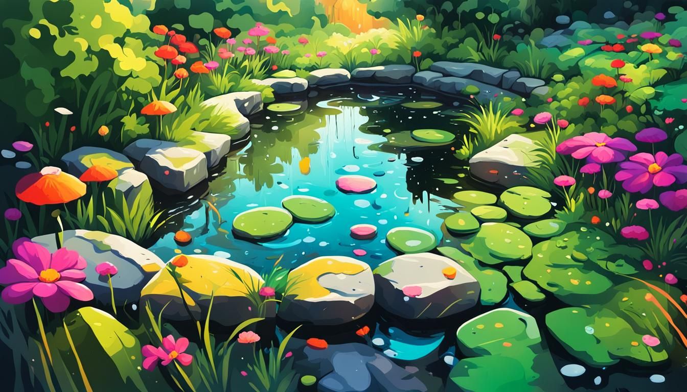 Colorful Graffiti Garden Scene with Pond