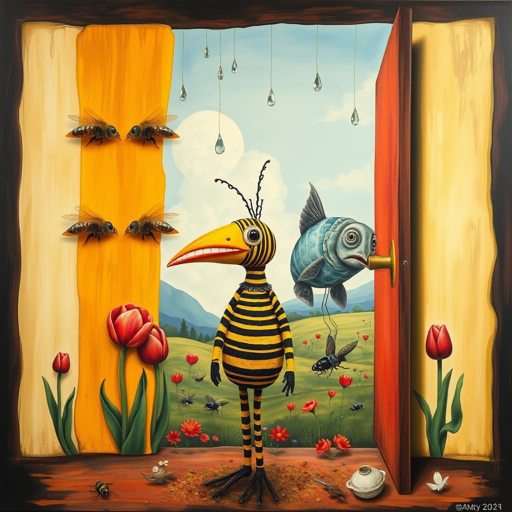 Whimsical Puppet in Hundertwasser Style with Bees and Birds