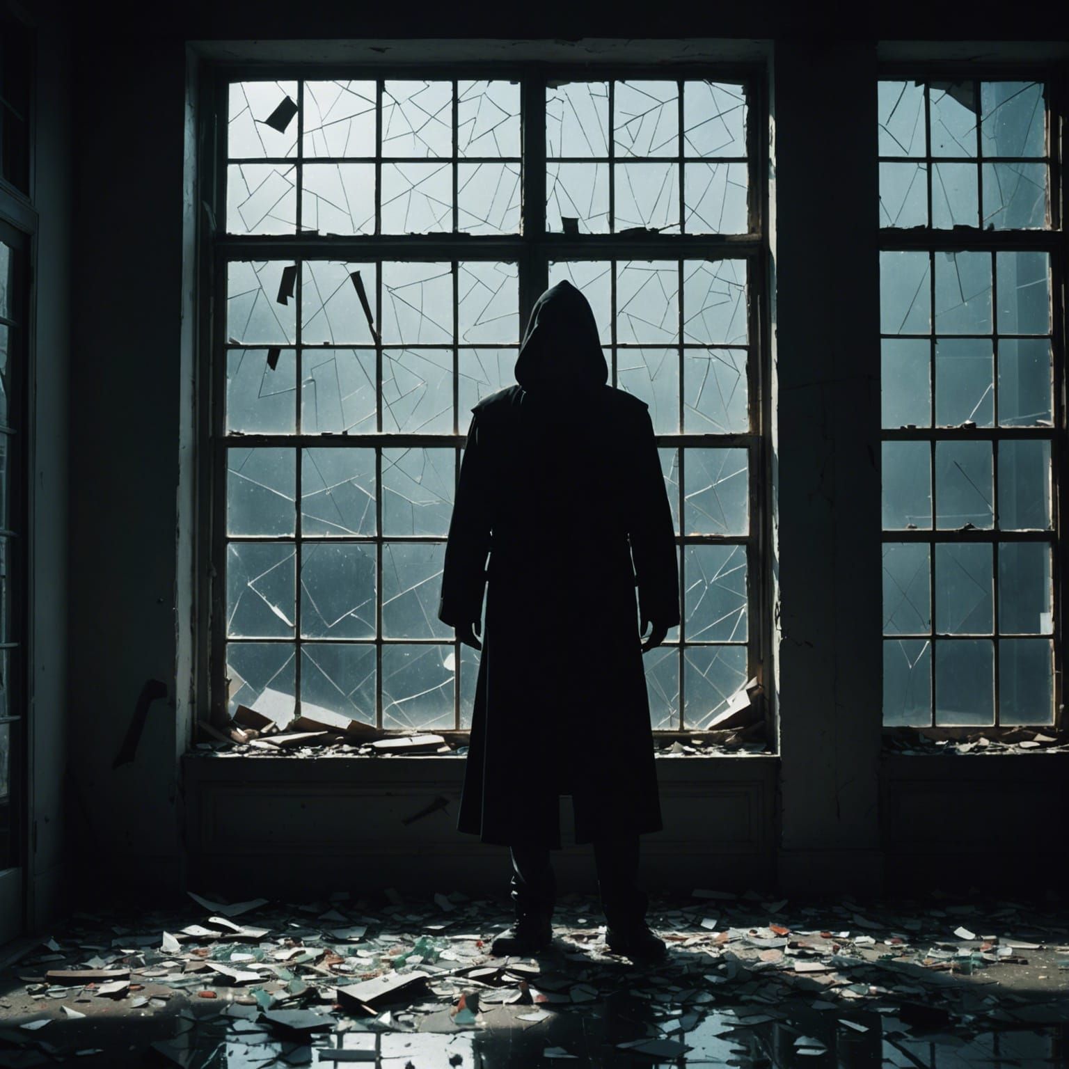 Dramatic Cloaked Figure at Shattered Window