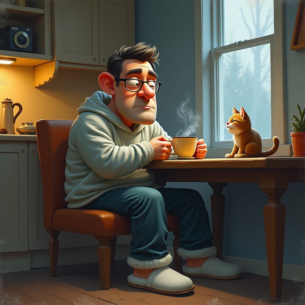 Sleepy Man and Cat in Painterly Cartoon Style