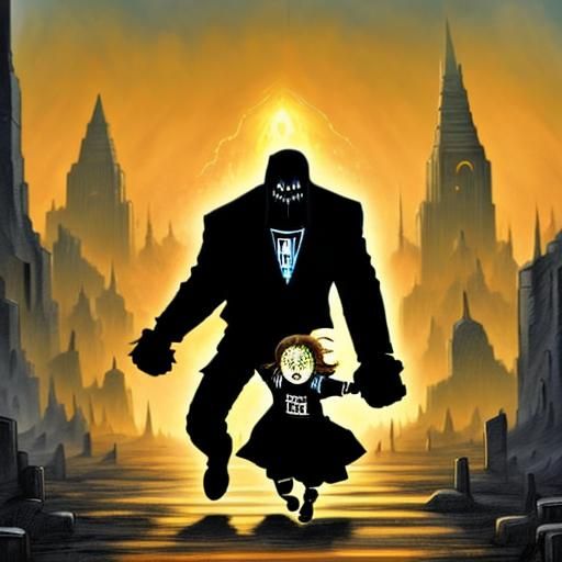 Mother and Child Fleeing Giant God in Mythos Style