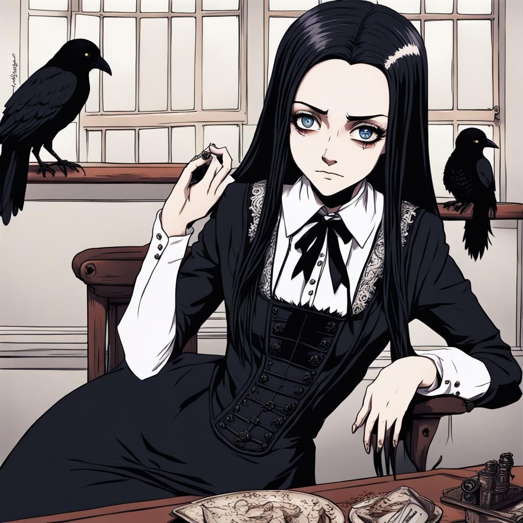 Wednesday Addams at Nevermore Academy in Anime Style