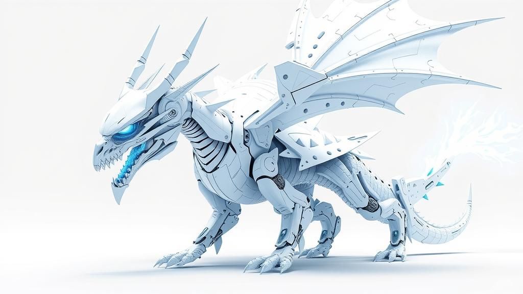 Cyborg Dragon with White Metallic Scales and Sapphire Eyes