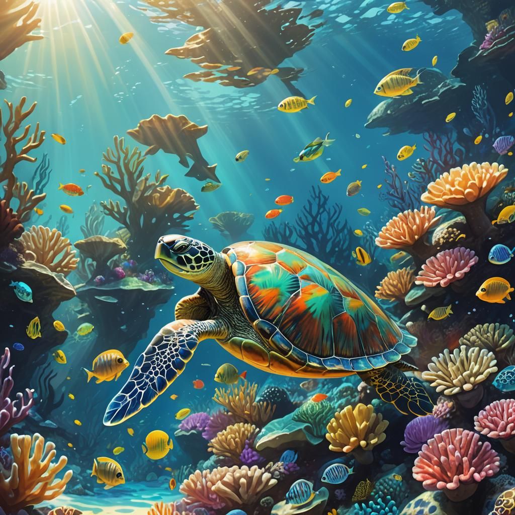 Vibrant Turtle Swims in Coral Reef: Stylized Illustration