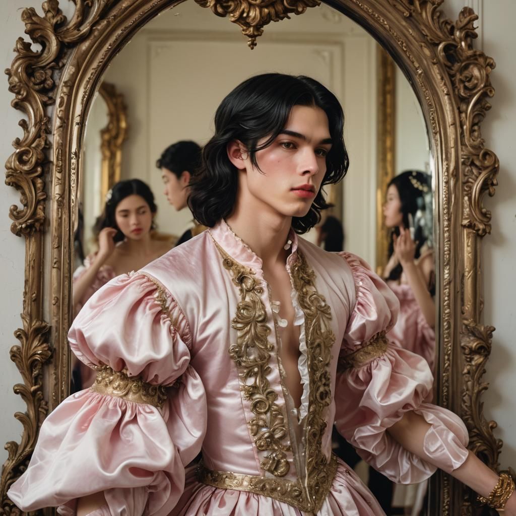 Boy Gazing in Mirror in Baroque Style