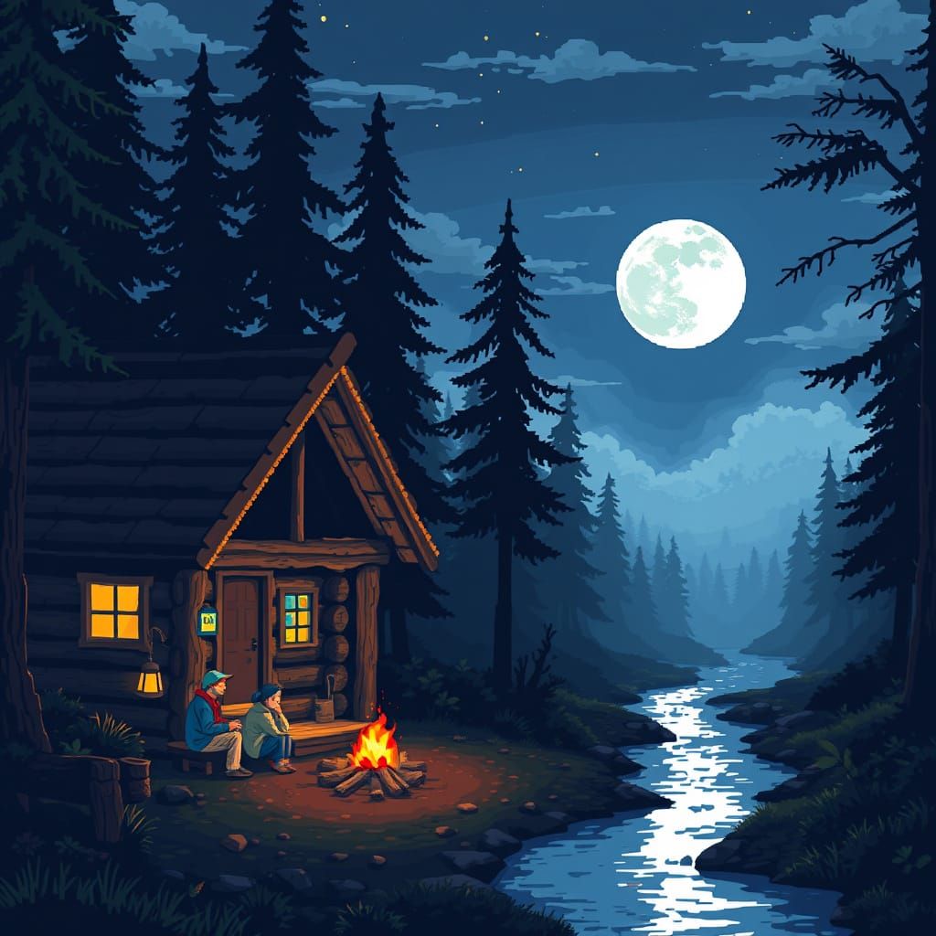 Pixel Art Cabin Scene Under Full Moon