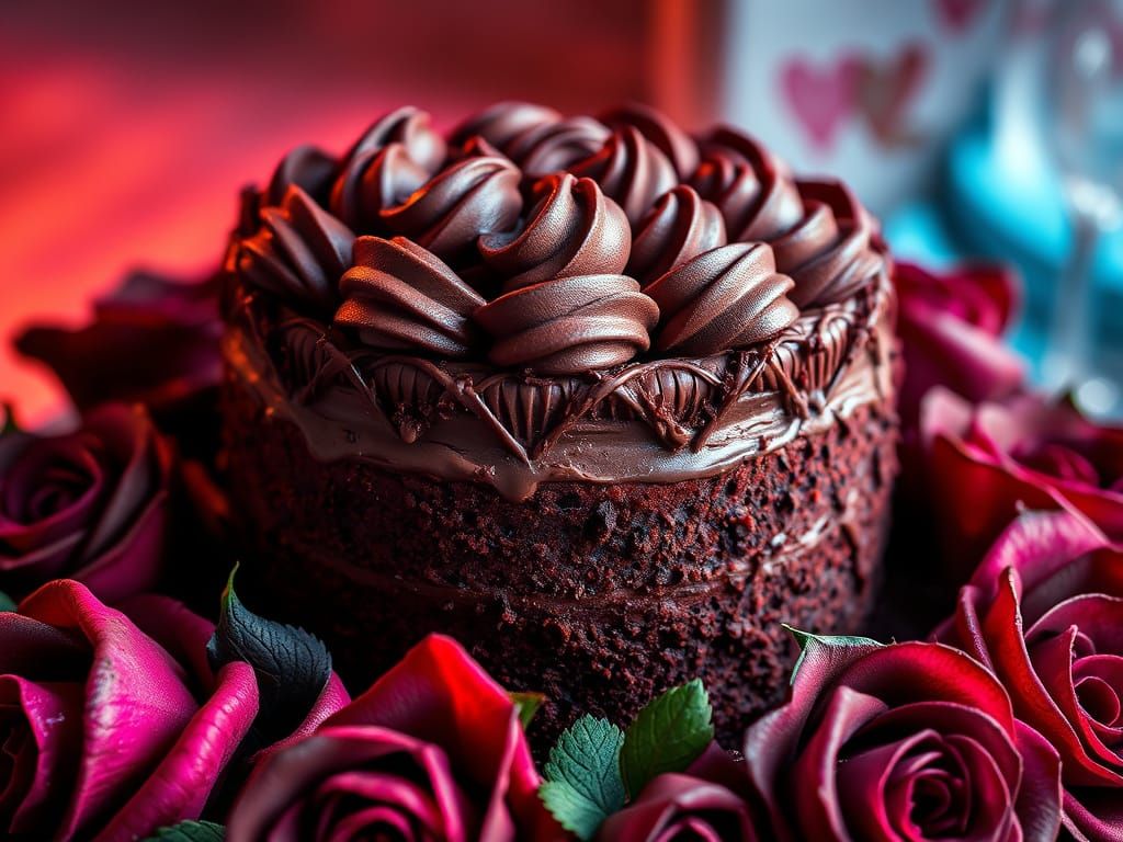 Chocolate Cake Surrounded by Chocolate Roses
