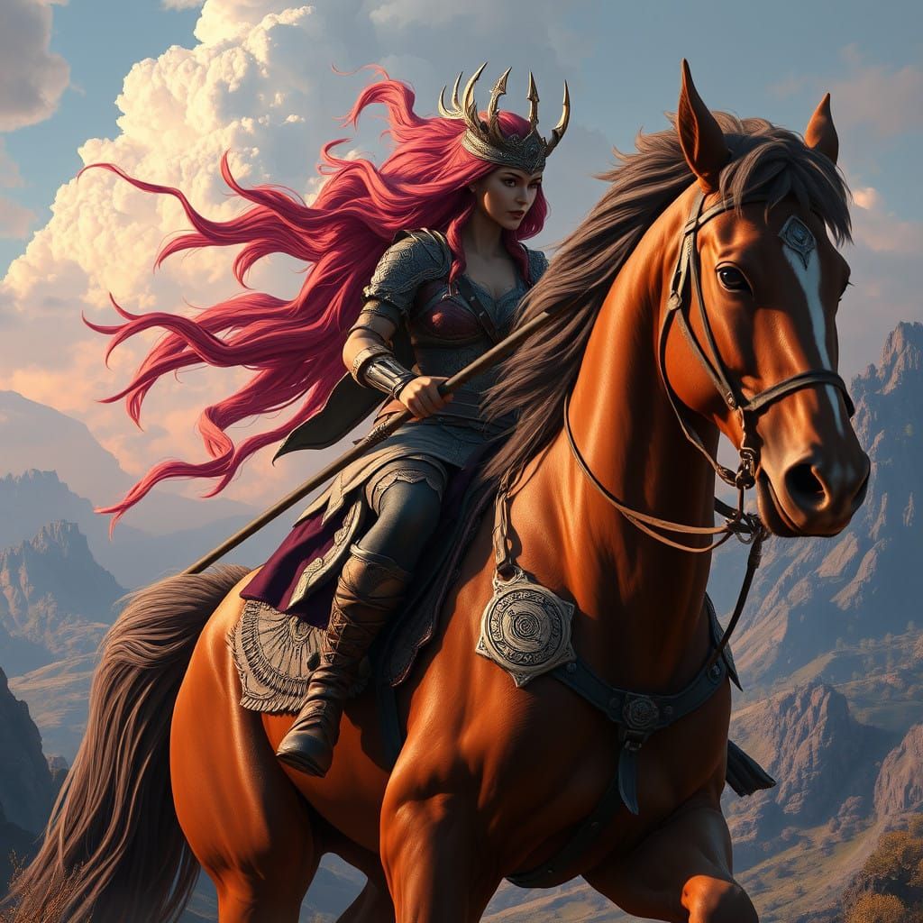 Regal Goddess Freya Rides Majestic Horse in Enchanting Fanta...
