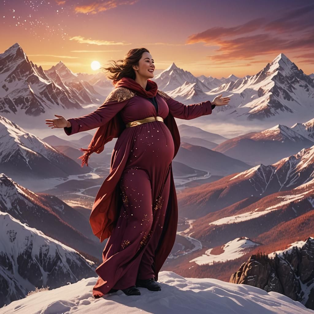 Joyful Pregnant Woman on Snowy Mountain at Sunset