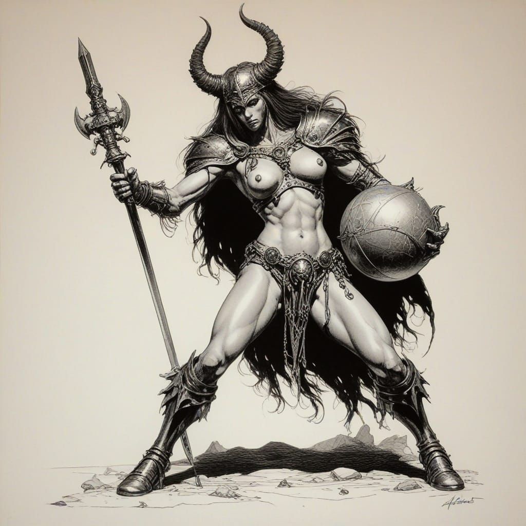 Lady Knight with Mace in Etching Style