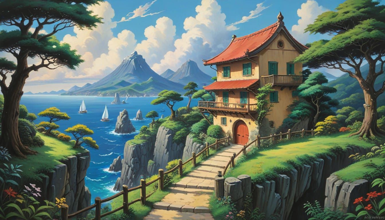 Classic Japanese Whimsy in Oil Painting Style