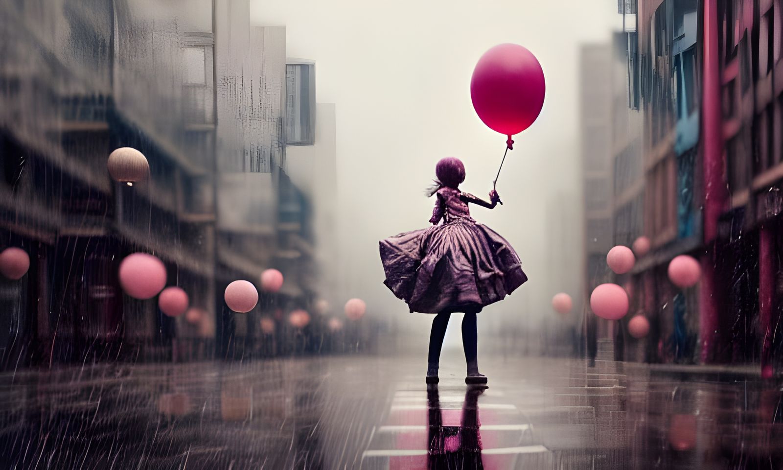 Girl with Balloon in Rain: Detailed Fantasy Art