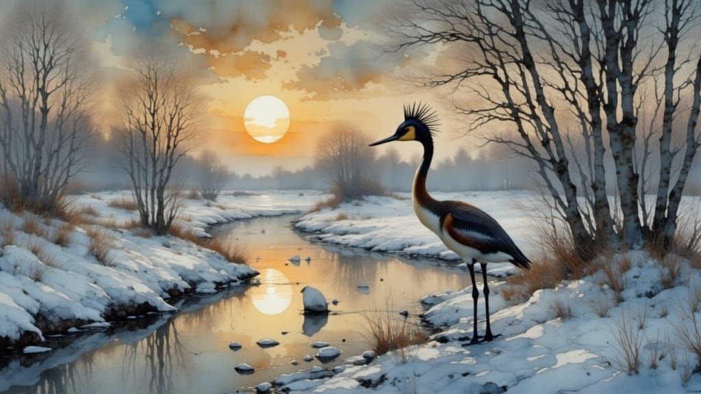 Great Crested Grebe in Painterly Fairytale Style