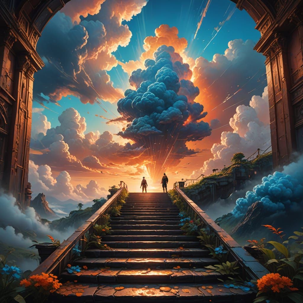 Ethereal Cloud Staircase Ascends into Golden Horizon