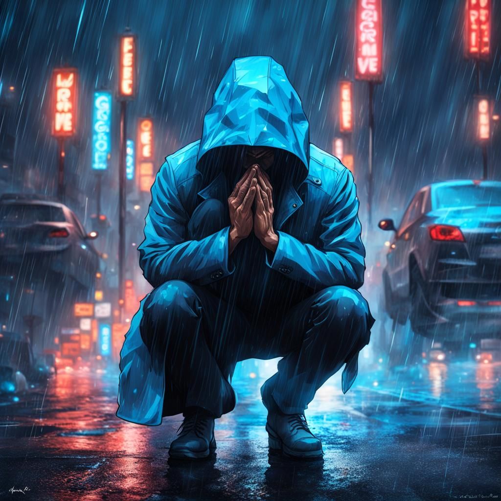 Man Kneeling in Rain with Neon Text, Watercolor Art