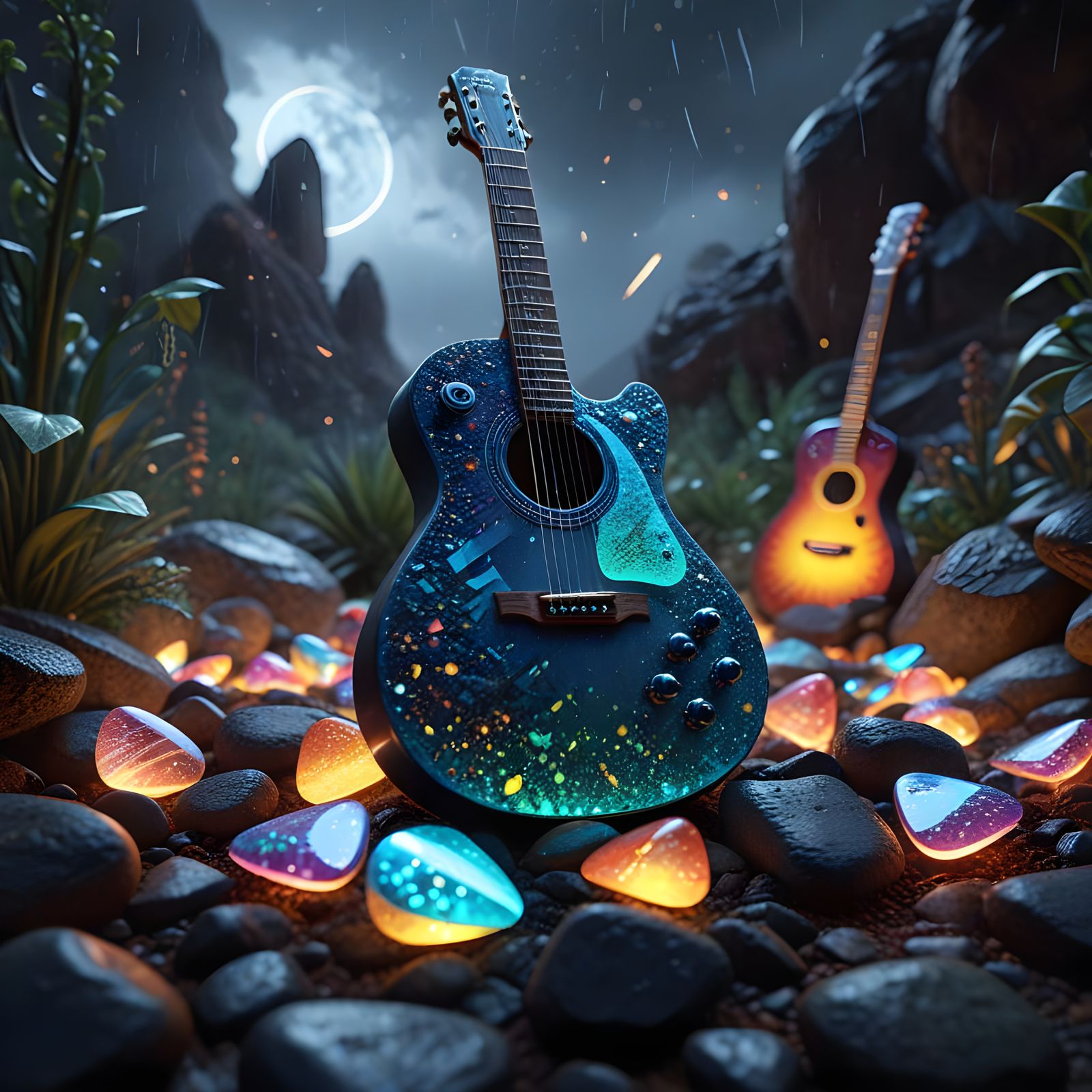 Ornate Stone Speakers in Stormy Desert Garden