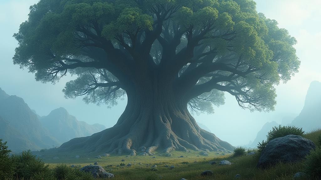 Colossal Cedar Tree in Foggy Landscape, Fantasy Matte Painti...
