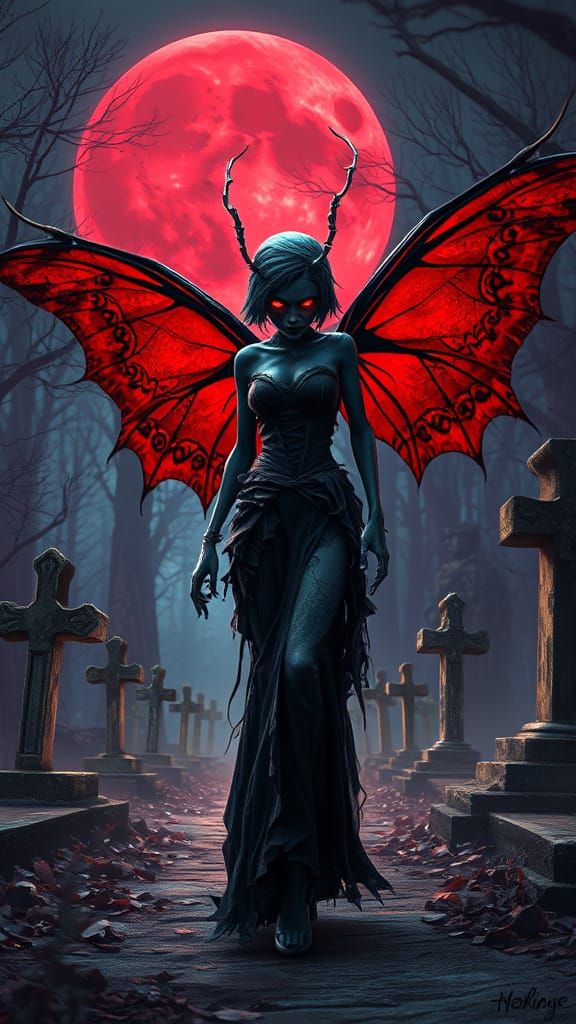 Zombie Vixy with Gothic Wings in Spooky Cemetery