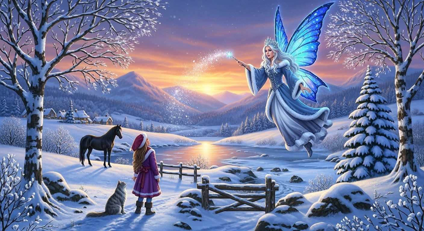 Winter Fairy Queen Flies Over Magical Snowscape at Sunset