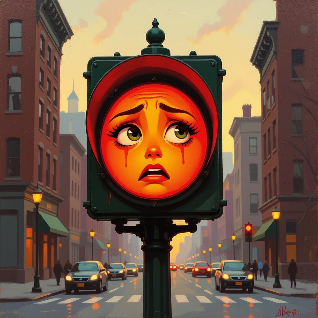 Worried Stoplight in Expressive Oil Painting Style