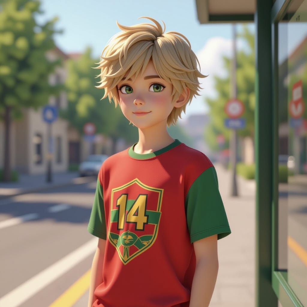 Blond Boy at Bus Stop in 3D Anime Style