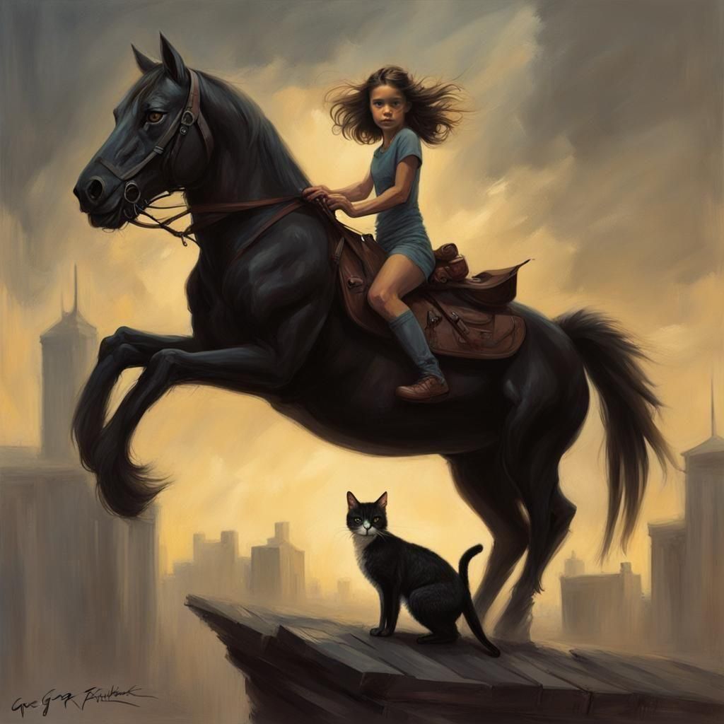 Girl Rides Cat in Sinister Fantasy Art Style