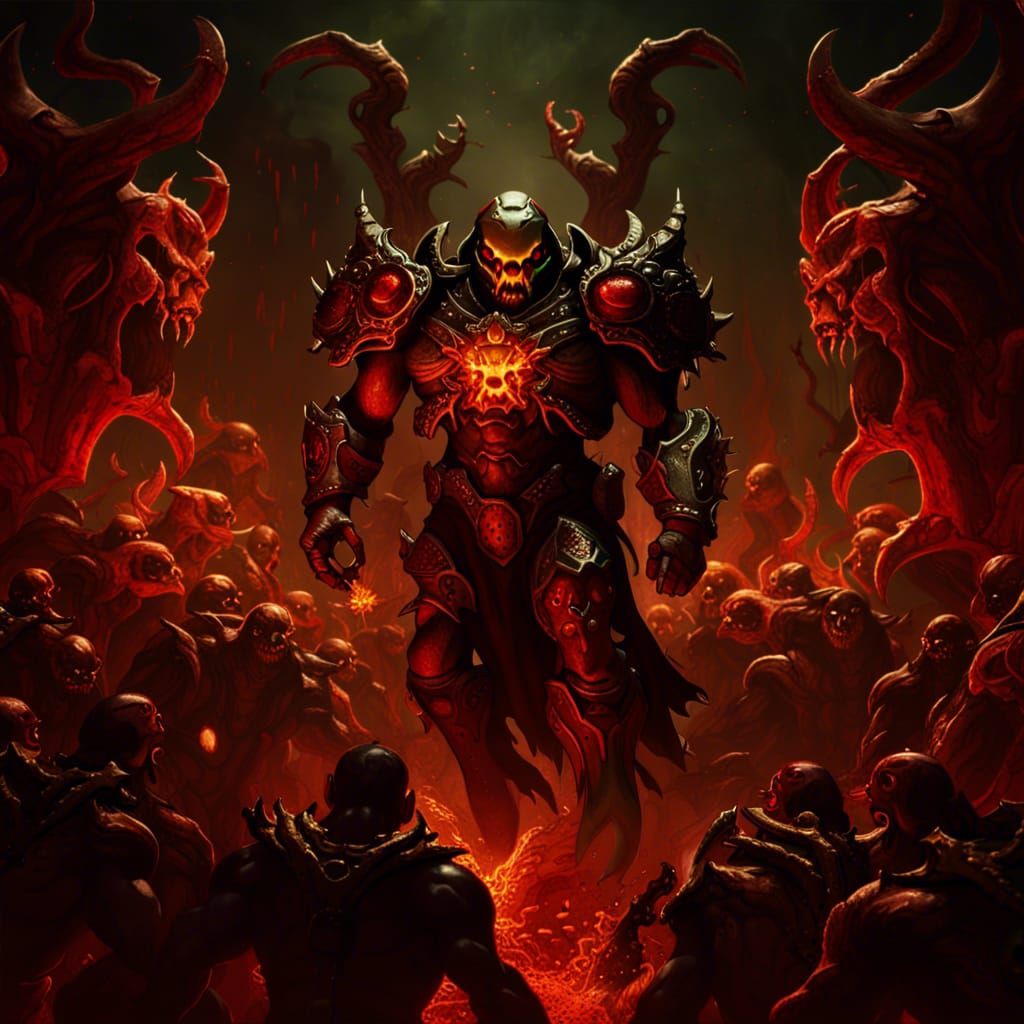 Doom Guy Faces Demon Horde: Detailed Matte Painting