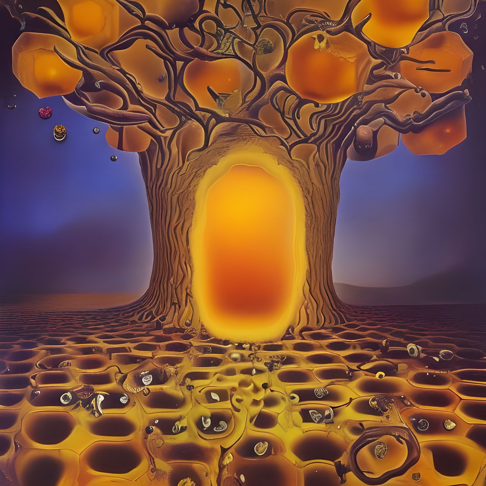 Honeypunk Landscape with Honeycomb Tree in Surreal Style