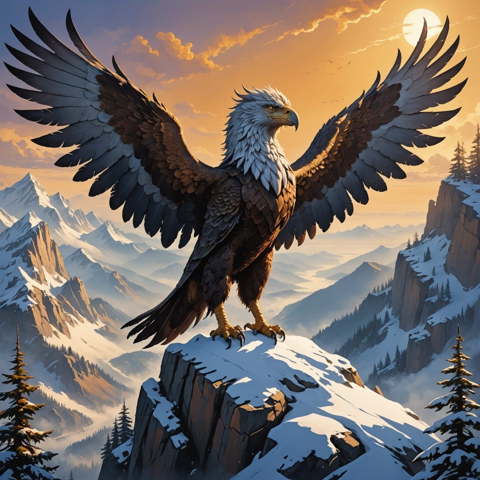Majestic Griffin Overlooking Misty Valley in Fantasy Style