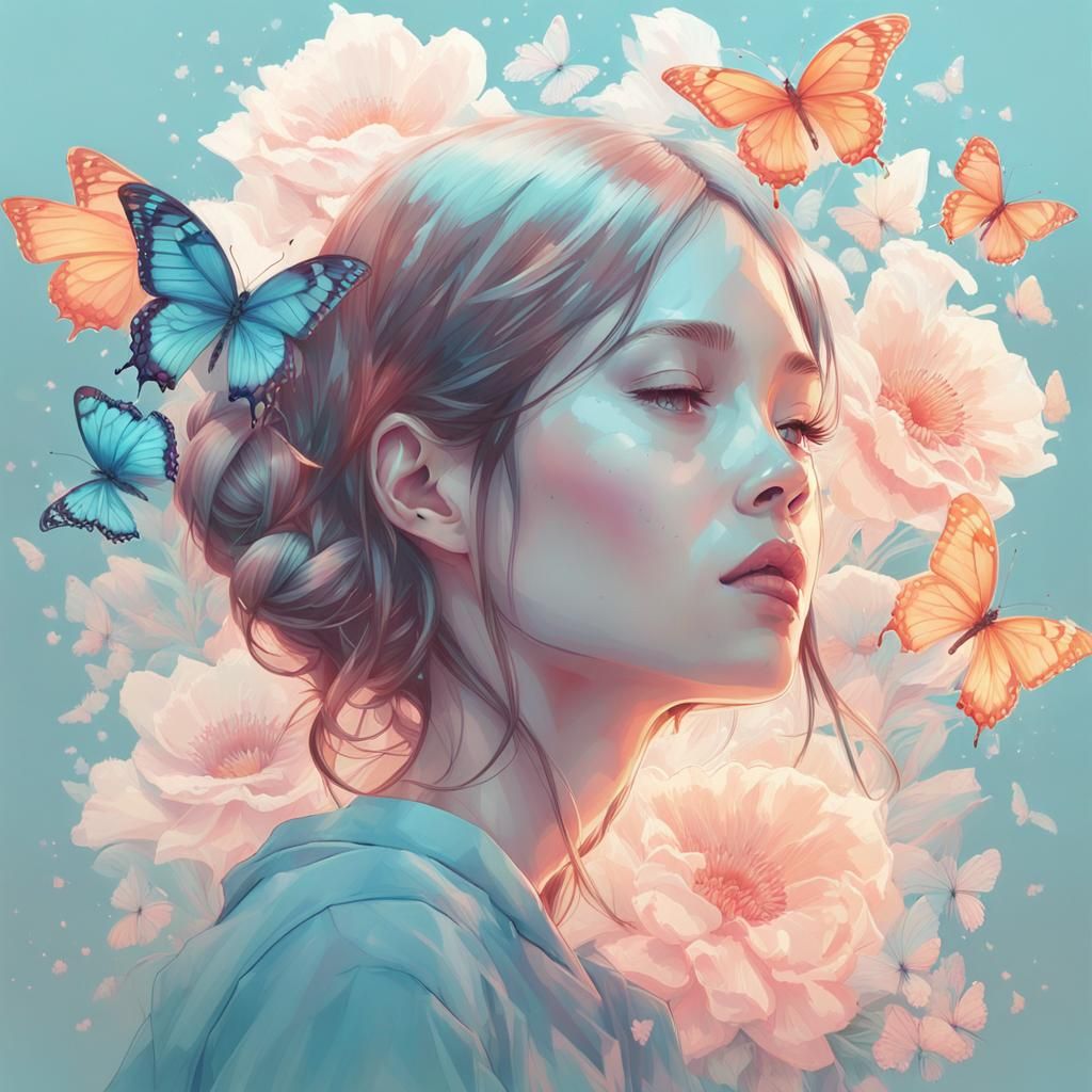 Girl with Butterflies and Flowers Double Exposure