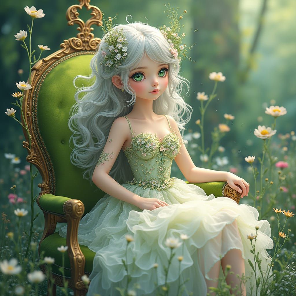 Anime Flower Fairy Queen in Whimsical Garden Setting