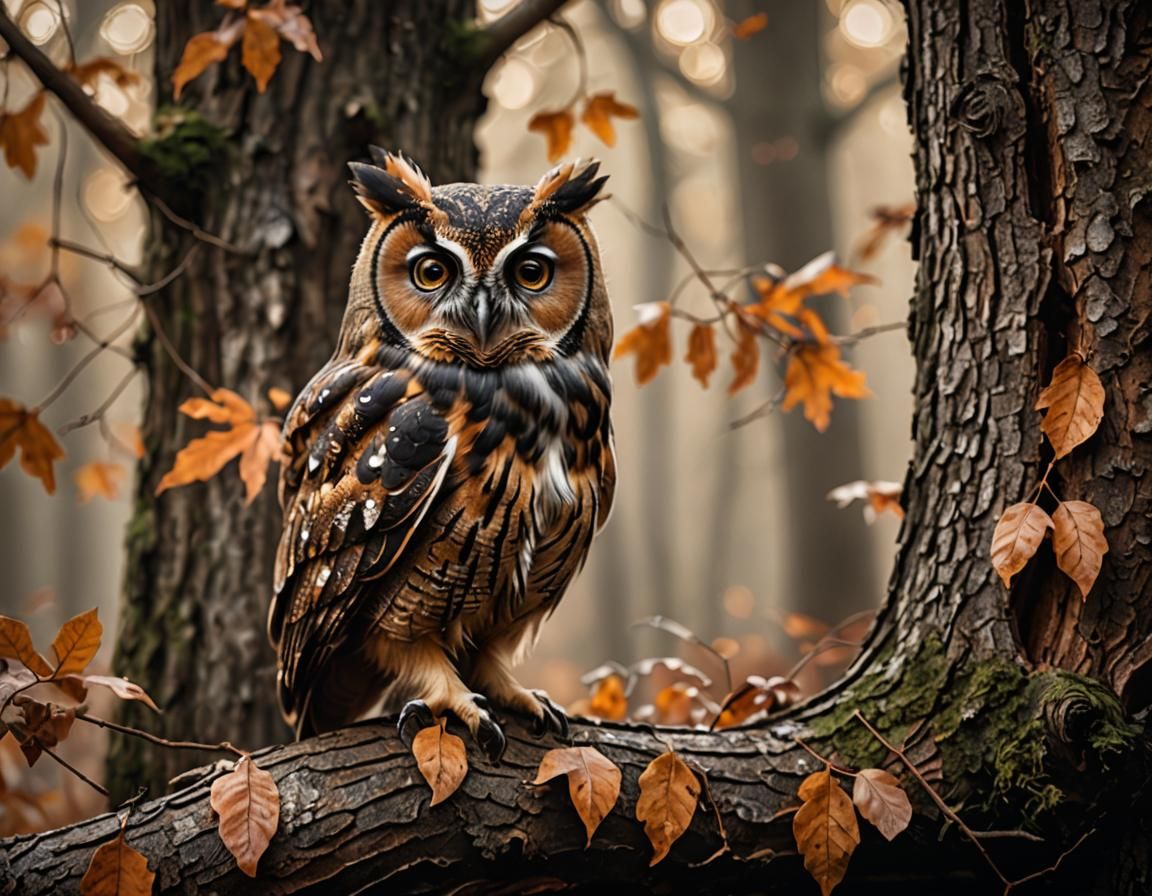Wood Owl Camouflaged in Autumn Oak Bark