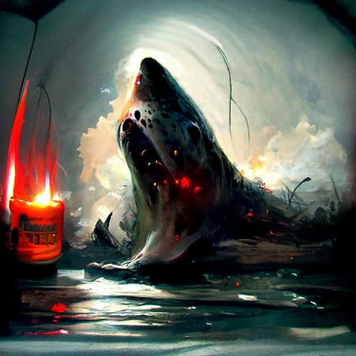 Bioluminescent Shark Breaching Ominous Blood Ocean