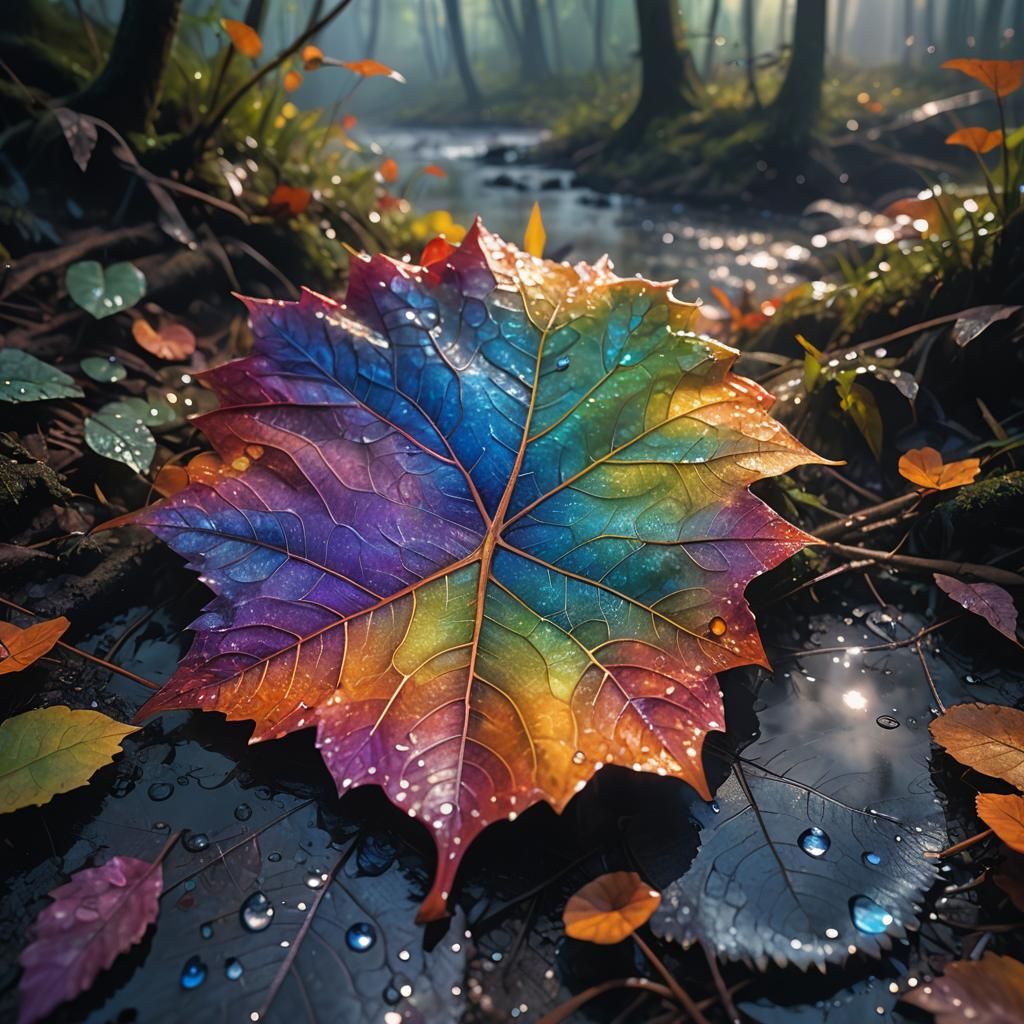 Rainbow Leaf on Misty Forest Floor in Hyperrealism