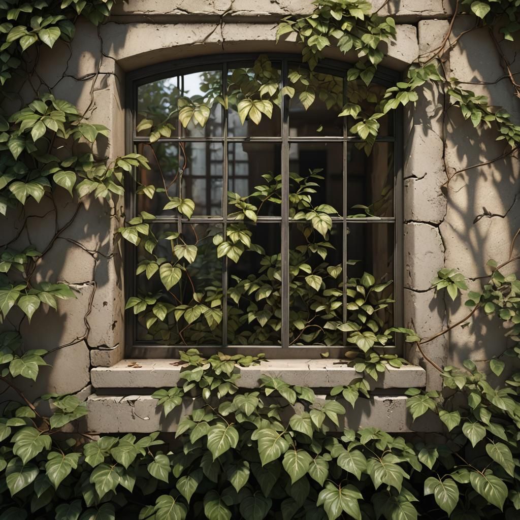 Leaf-Covered Wall Reflected in Window: 3D Render