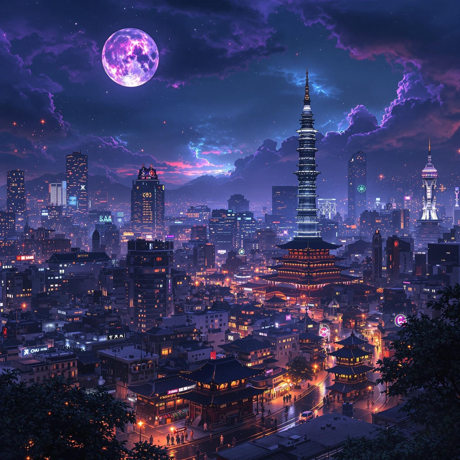 Seoul Korea at Night: Detailed Matte Painting