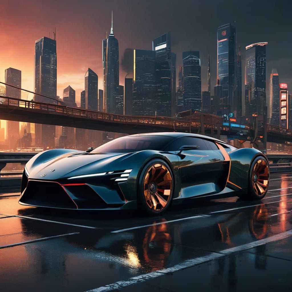 Luxurious Grand Touring Concept Car in Neon-Lit Cityscape