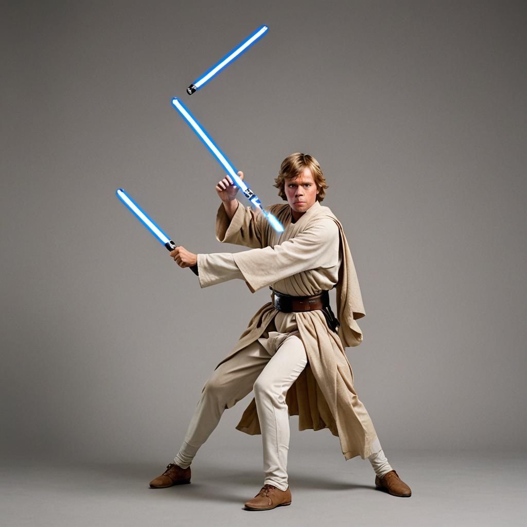 show me a picture of luke skywalker juggling three lightsabers